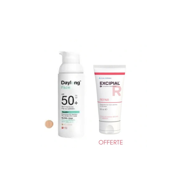 DAYLONG FACE SPF 50+ TEINTE LIGHT MEDIUM 50ML+EXCIPIAL REPAIR SENSITIVE CREME MAINS 50ML OFFERT