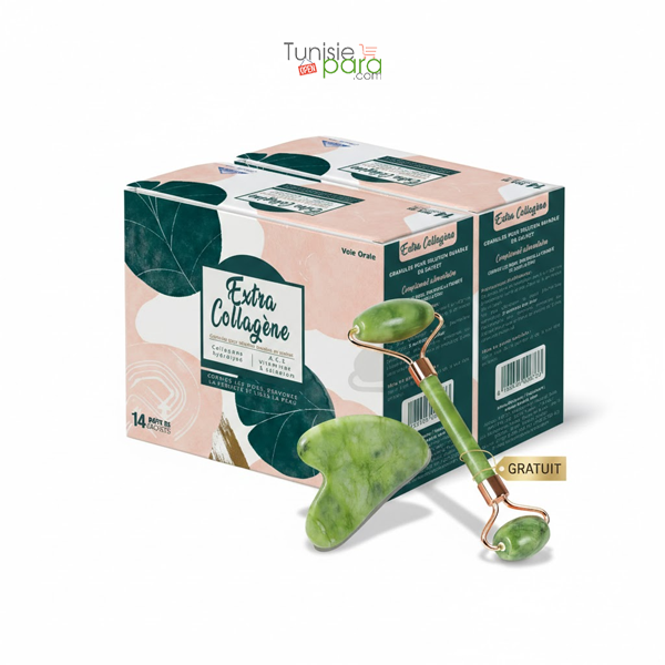 Extra Collagène pack 2 boites + Rouleau Massage du Visage Pierre de Jade Vert & Planche de Guasha (offert)
