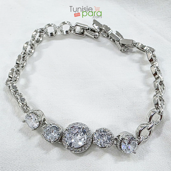 Bracelet de Luxe en Acier Inoxydable Argenté – Pavage Cristaux Halo Scintillants