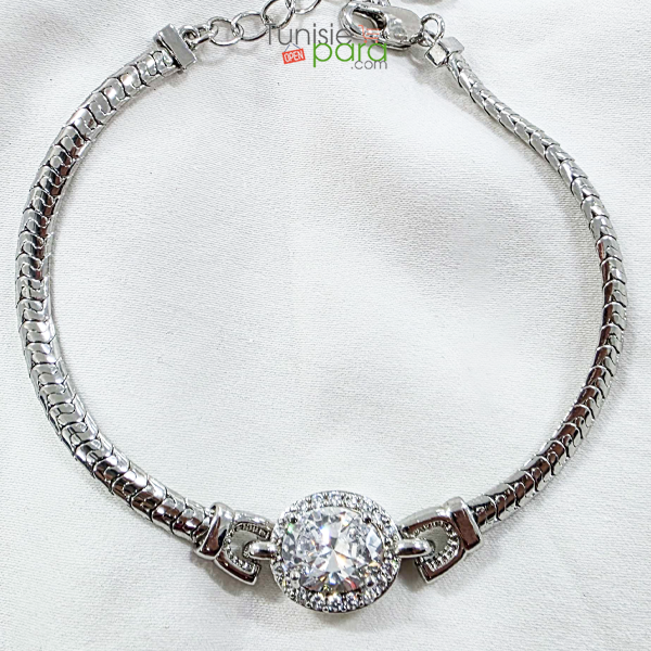 Bracelet Argenté en Acier Inoxydable – Médaillon Central Halo Scintillant et Maille Serpent