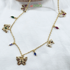 Collier Multi-Breloques Papillons en Acier Inoxydable – Cristaux Multicolores et Doré