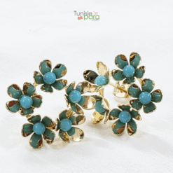 Boucles d'Oreilles Grappe de Fleurs Émaillées Turquoise et Perles, Plaqué Or