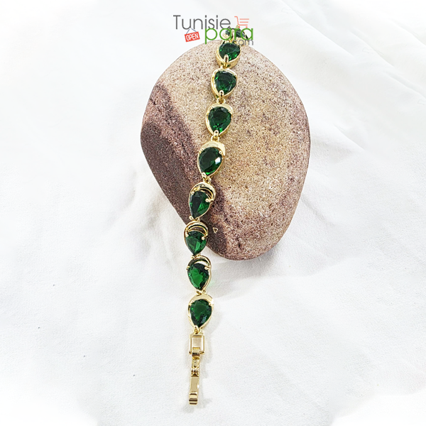 Bracelet Rivière en Acier Inoxydable Doré – Pierres Vert Émeraude en Goutte