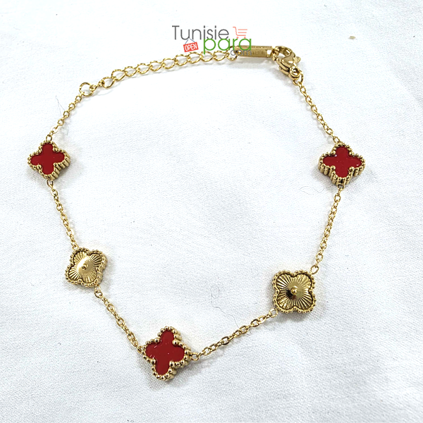 Bracelet “Trèfle Passion” – Finition Dorée et Émail Rouge en Acier Inoxydable