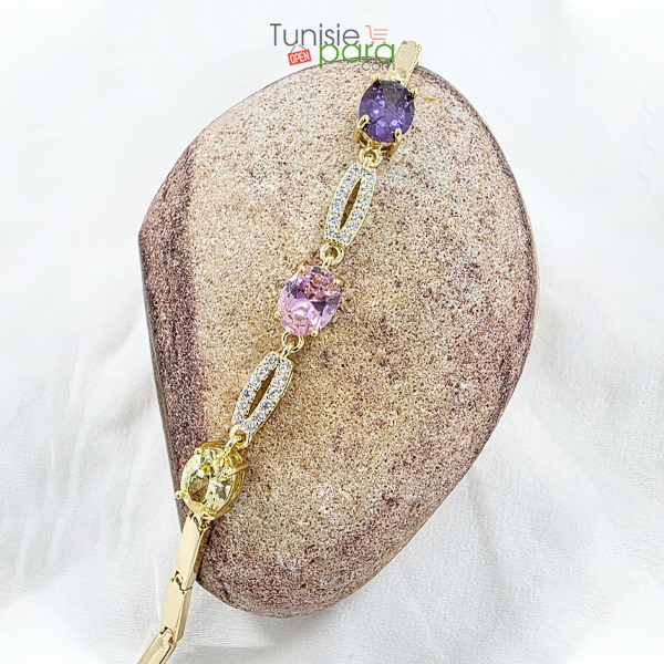 Bracelet de Luxe en Acier Inoxydable Doré – Pierres Ovales Multicolores et Pavage Cristaux