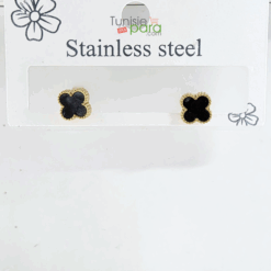 Boucles d'Oreilles "Puces Onyx" – Trèfles Noirs et Or en Acier Inoxydable