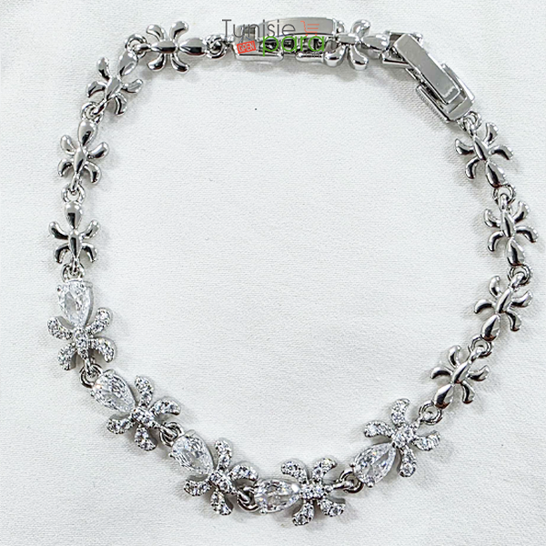 Bracelet “Jardin de Cristaux” en Acier Inoxydable Argenté – Fleurs et Cristaux Poires