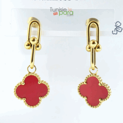 Boucles d'Oreilles "Pendantes Rubis" – Maillons Modernes et Trèfles Rouges en Acier Inoxydable