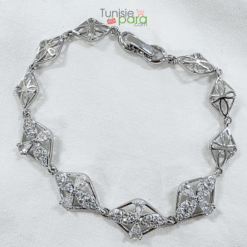 Bracelet Argenté de Luxe – Losanges Ciselés et Fleurs de Cristaux Scintillants