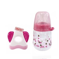 NIP Biberon Large Col Anti-Colique 150ml rose 0 M+ avec Anneau de Dentition Offert