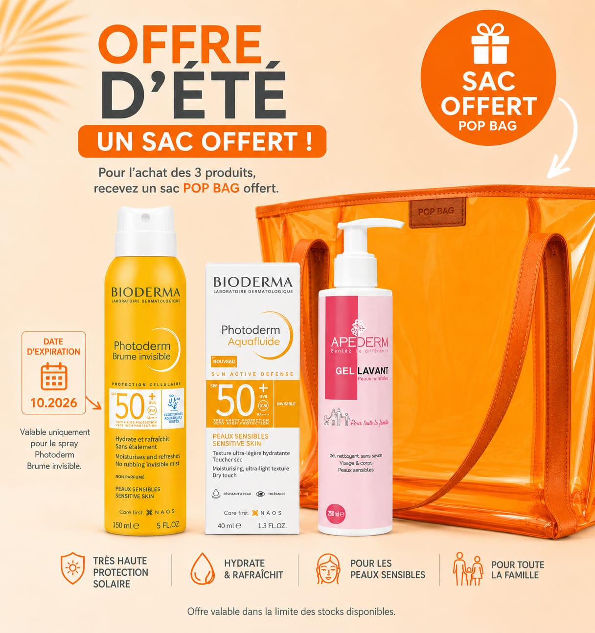 BIODERMA PACK photoderm aquafluide invisible 40ml + photoderm brume invisible 150ml +apederm gel lavant 250ml + sac offert