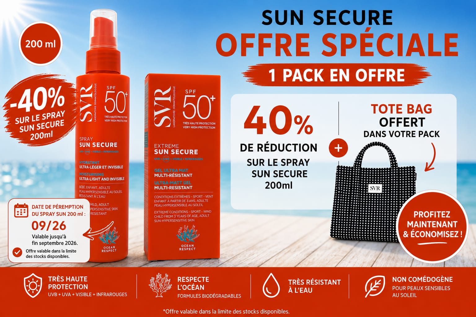 SVR pack Sun Secure + sun secure Spray +Tote Bag offert