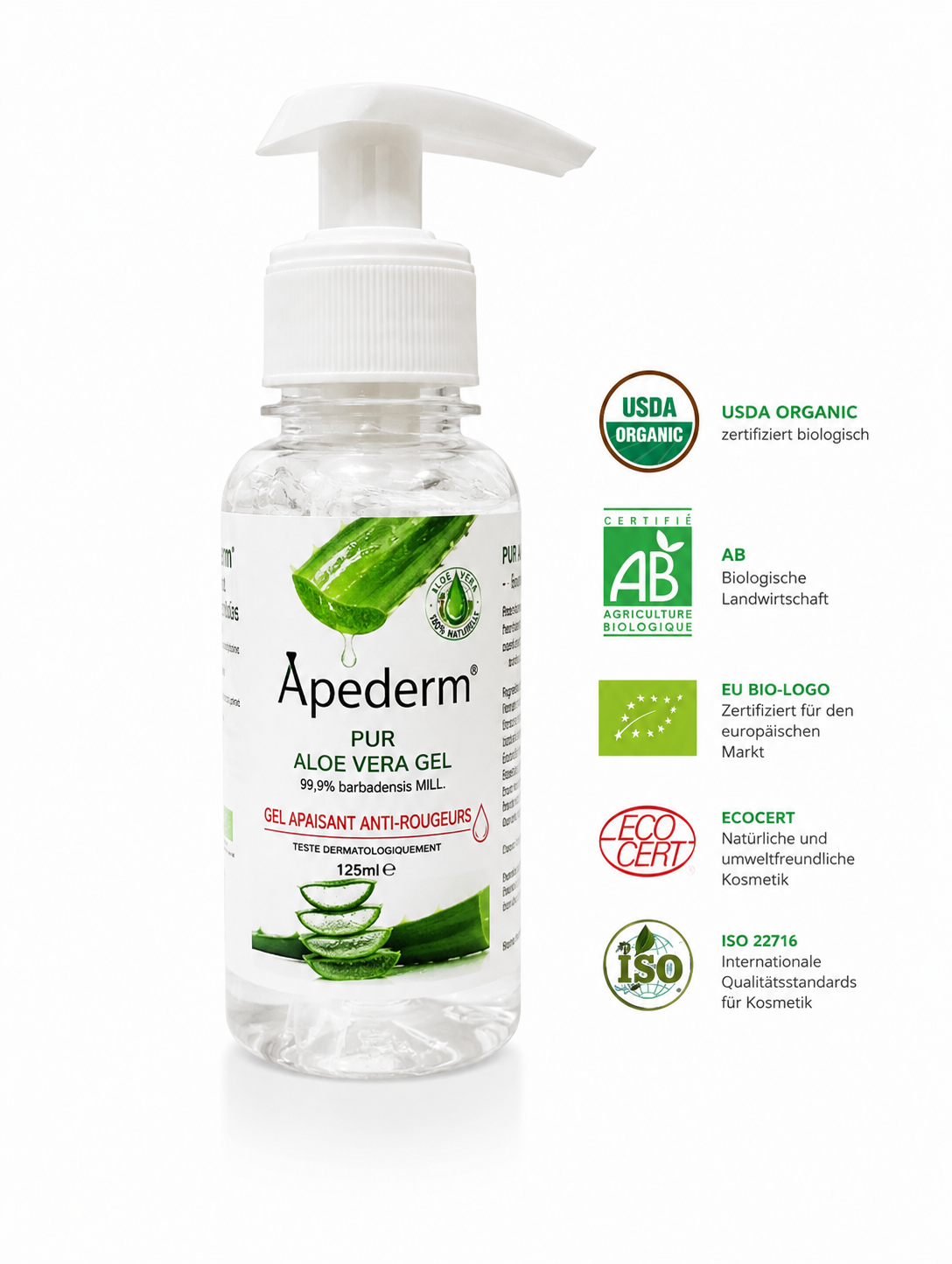 Apederm® Gel Apaisant Anti-Rougeurs à l'Aloe Vera Bio 99,9% – Visage, Corps & Cheveux – 125 ml