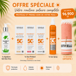 Esthelle pack routine solaire complet sun protect lait spray 250ml + ecran spf50+ beige 50gr +apederm gel aleo vera 125ml + serviette de plage offerte