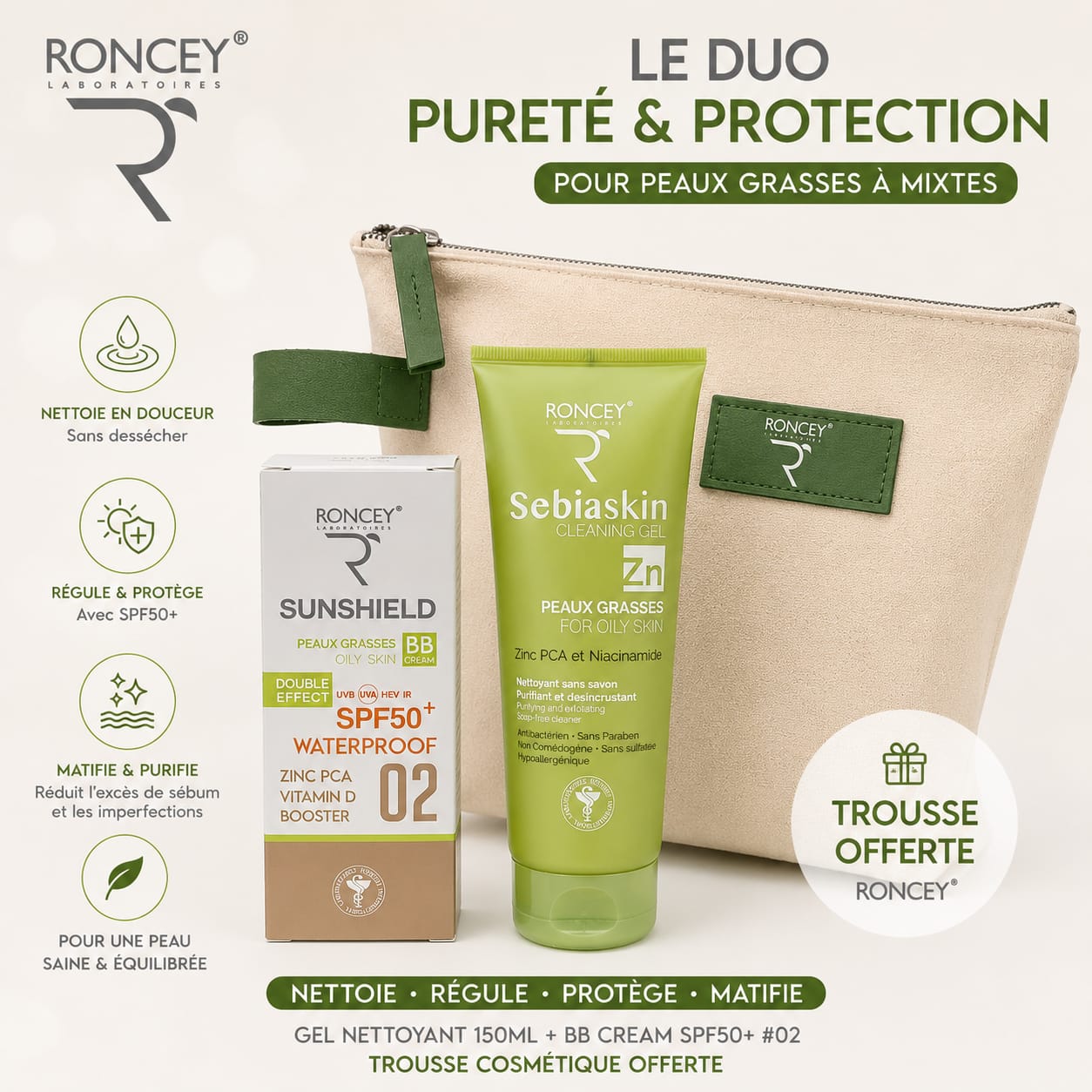 RONCEY duo pureté et protection peau grasse (sebiaskin gel + sunshield 02+ trousse offerte)