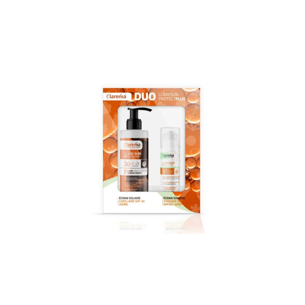 CLARENIA COFFRET SOLAIRE DUO ÉCRAN TOUCHER SEC SPF50+ ET ÉCRAN CAPILAIRE